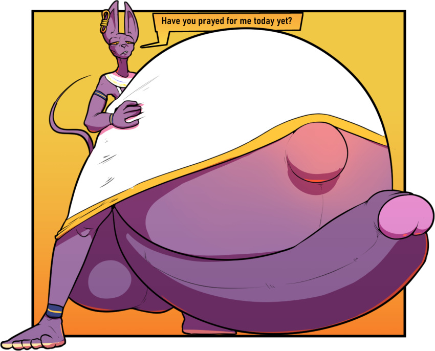 anthro beerus belly big_belly big_penis dialogue domestic_cat dragon_ball dragon_ball_super erection felid feline felis fur genitals hand_on_stomach huge_penis hyper hyper_belly hyper_genitalia hyper_penis hyper_pregnancy inisuu male mammal navel outie_navel penis pregnant pregnant_male purple_body purple_fur solo text