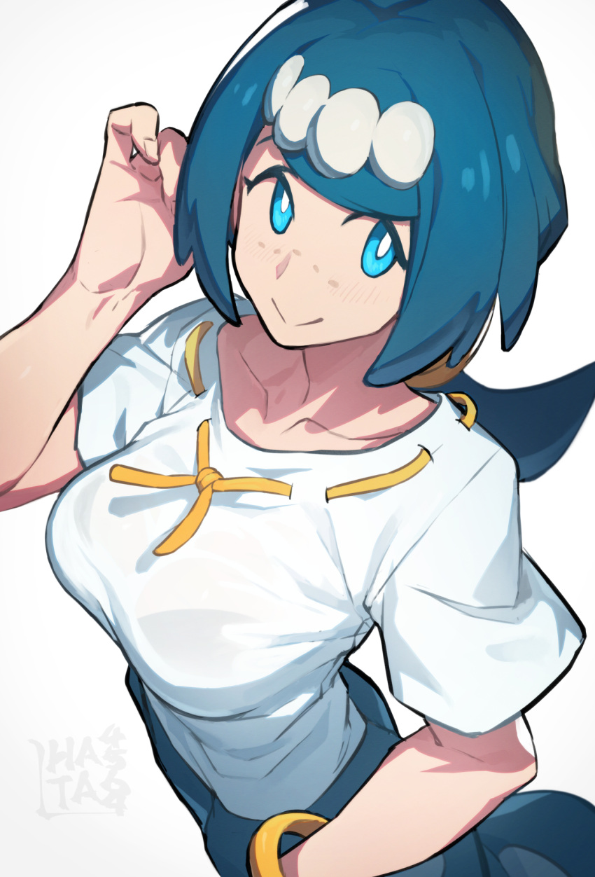 1girl artist_logo bangs blue_eyes blue_hair blue_pants breasts bright_pupils collarbone freckles hair_ornament hand_up hata4564 highres hoop lana's_mother_(pokemon) large_breasts looking_at_viewer mature_female medium_hair no_sclera pants pokemon pokemon_(anime) pokemon_sm_(anime) shirt short_sleeves simple_background smile solo swept_bangs white_background white_pupils white_shirt