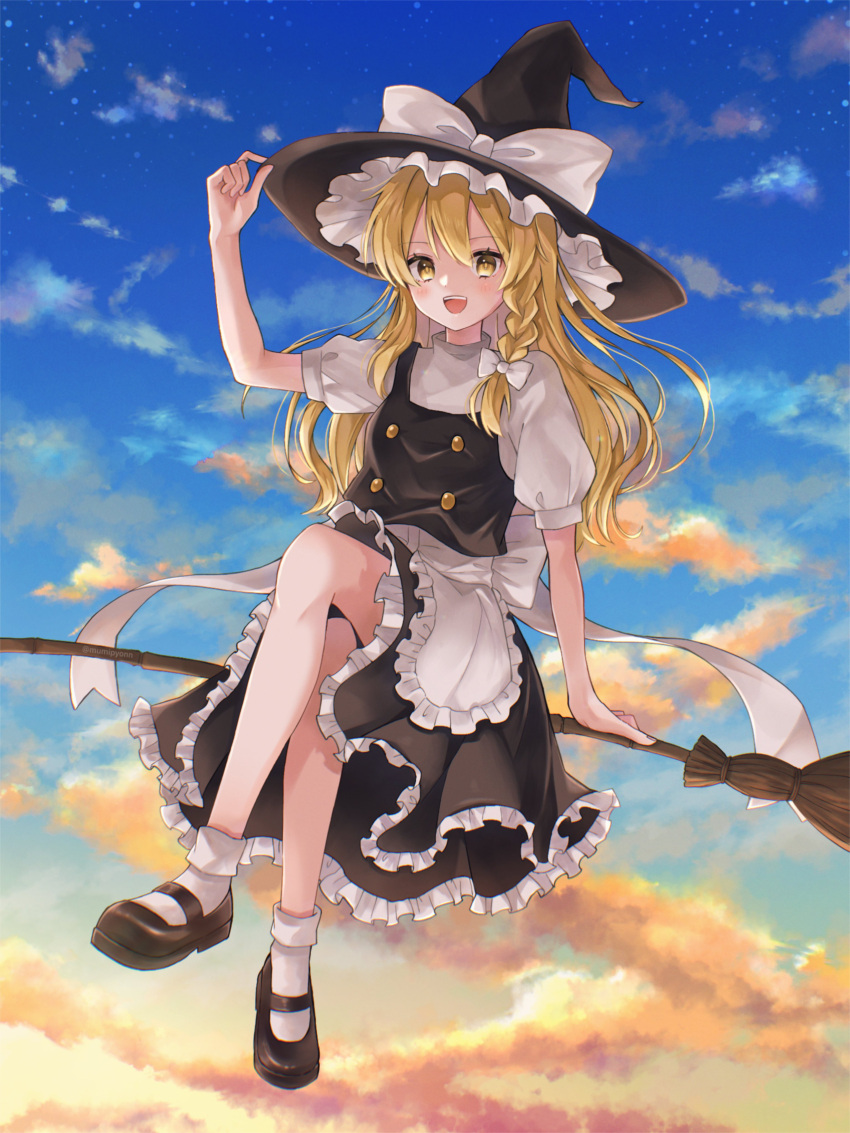 1girl absurdres apron black_footwear black_headwear black_skirt black_vest blonde_hair blush bow braid breasts broom broom_riding buttons cloud cloudy_sky commentary_request frilled_hat frilled_skirt frills full_body hand_on_headwear hat hat_bow highres kirisame_marisa long_hair mary_janes mumipyonn open_mouth outdoors puffy_short_sleeves puffy_sleeves shirt shoes short_sleeves side_braid single_braid sitting skirt sky small_breasts socks solo sunset touhou turtleneck vest waist_apron wavy_hair white_apron white_bow white_shirt white_socks yellow_eyes