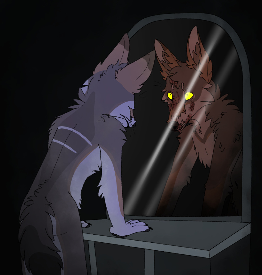 altered_reflection anthro black_background brown_body brown_fur cackling-beast canid canine canis coyote daydream_(cackling-beast) facial_scar fur glowing glowing_eyes gore hi_res male mammal mirror muzzle_scabs reflection scar simple_background solo vent_art