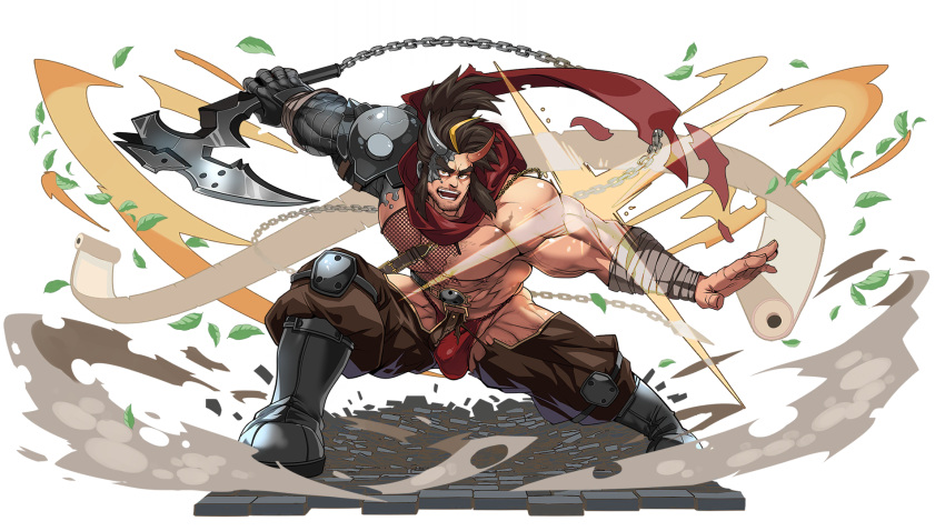 1boy abs another_eidos-r bara boots brown_hair brown_pants bulge cyborg demon_horns facial_hair falling_leaves fighting_stance fishnet_top fishnets frown full_body grin highres hip_vent holding holding_weapon horns kongoh_(another_eidos-r) large_bulge large_pectorals leaf looking_at_viewer male_focus mature_male muscular muscular_male nipples non-web_source official_art pants pectorals red_fundoshi short_hair sideburns smile solo stomach stubble thick_eyebrows thick_thighs thighs transparent_background weapon