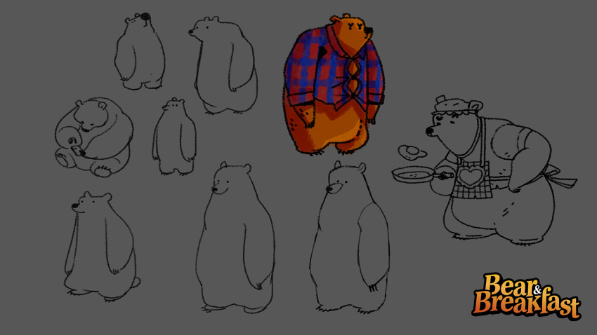 anthro apron bear_and_breakfast black_nose brown_body clothing concept_art cooking hank_(bear_and_breakfast) hat headgear headwear hi_res mammal official_art shirt simple_background sitting solo topwear unknown_artist ursid