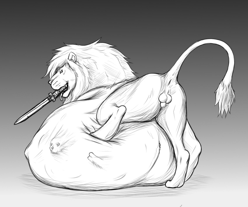 abdominal_bulge after_vore animal_genitalia anus balls belly big_belly bone bones_in_stomach felid feral genitals lion male mammal melee_weapon pantherine same_size_vore sheath sword thatgryphonguy vore weapon