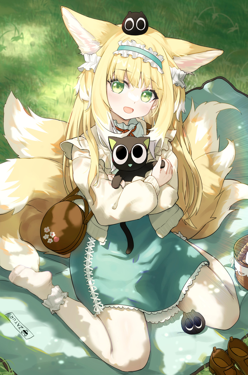 1girl :d absurdres animal animal_ears arknights blonde_hair blue_hairband blush cardigan cat dress extra_ears flower fox_ears fox_girl fox_tail frilled_dress frilled_hairband frills grass green_dress green_eyes hair_down hairband highres holding holding_animal holding_cat kitsune lily_of_the_valley long_hair long_sleeves looking_at_viewer luoxiaohei multiple_tails open_cardigan open_clothes open_mouth outdoors pantyhose picnic red_ribbon ribbon sitting smile solo suzuran_(arknights) tail the_legend_of_luo_xiaohei wariza white_cardigan zayur