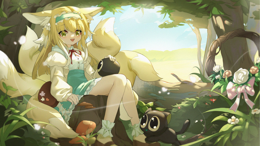 1girl :d absurdres animal_ears ankle_cuffs arknights black_cat blonde_hair blue_hairband blue_skirt blue_sky brown_footwear cat day forest fox_ears fox_girl fox_tail green_eyes hair_down hairband highres katachi_noboru_nishikino kitsune long_hair long_sleeves looking_at_viewer luoxiaohei multicolored_hair multiple_tails mushroom nature neck_ribbon official_alternate_costume open_mouth outdoors petting plant red_ribbon ribbon shirt sitting skirt sky smile solo streaked_hair suzuran_(arknights) suzuran_(spring_praise)_(arknights) tail teeth the_legend_of_luo_xiaohei tree tree_stump upper_teeth white_hair white_shirt