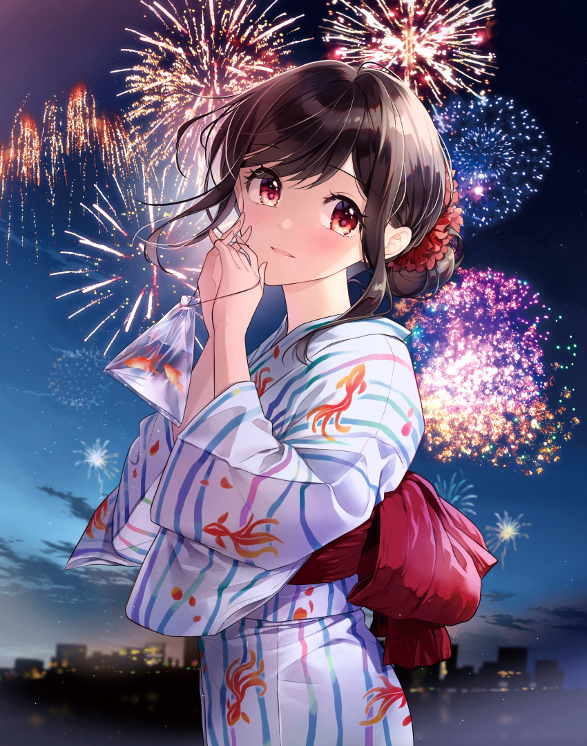 1girl absurdres aerial_fireworks animal animal_print bag bagged_fish bangs black_hair blush bow clip_studio_paint_(medium) commentary_request fireworks fish fish_print goldfish_print hair_bun hair_ornament hair_scrunchie hands_up highres holding holding_bag japanese_clothes kimono night night_sky obi official_art original outdoors parted_lips print_kimono red_bow red_eyes red_scrunchie sash scrunchie sky skyline smile solo star_(sky) starry_sky striped striped_kimono vertical-striped_kimono vertical_stripes water white_kimono yukiko_(tesseract)