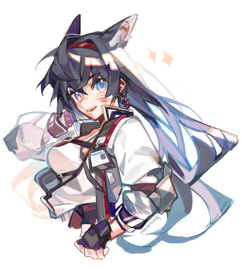 1girl absurdres animal_ears arknights bangs black_gloves black_hair blaze_(arknights) blue_eyes blush breasts cat_ears cropped_torso fingerless_gloves gloves hair_between_eyes hairband hand_up highres jacket long_hair looking_at_viewer medium_breasts mokkun354 open_clothes open_jacket parted_lips red_hairband signature simple_background solo sparkle tank_top upper_body very_long_hair white_background white_jacket white_tank_top