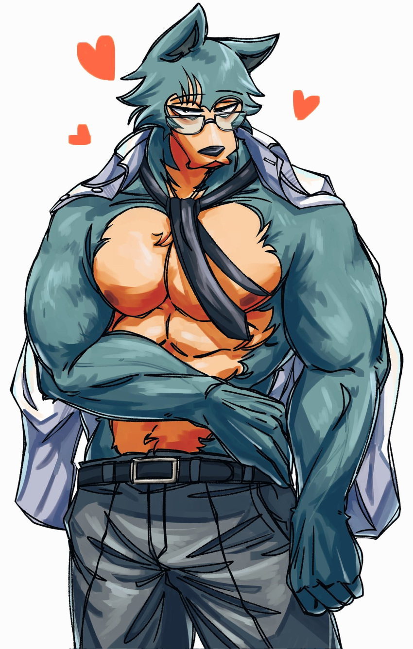 &lt;3 2022 abs anthro barazoku beastars belt big_muscles bottomwear canid canine canis clothed clothing eyewear fur glasses hi_res huge_muscles legoshi_(beastars) looking_at_viewer male mammal muscular muscular_anthro muscular_male necktie nipples open_clothing open_shirt open_topwear pants pecs scar shirt simple_background solo standing teseirei topless topless_anthro topless_male topwear tuft white_background wolf