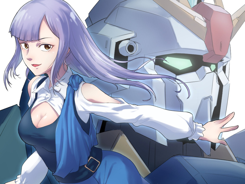 1girl belt blue_dress bodysuit bodysuit_under_clothes breasts brown_eyes cleavage detached_sleeves dress glowing glowing_eyes gun gundam gundam_zz highres long_hair long_sleeves looking_at_viewer machine_gun mecha medium_breasts mobile_suit open_mouth purple_hair robot roux_louka siratori_(yy_203) v-fin weapon white_background zeta_gundam_(mobile_suit)