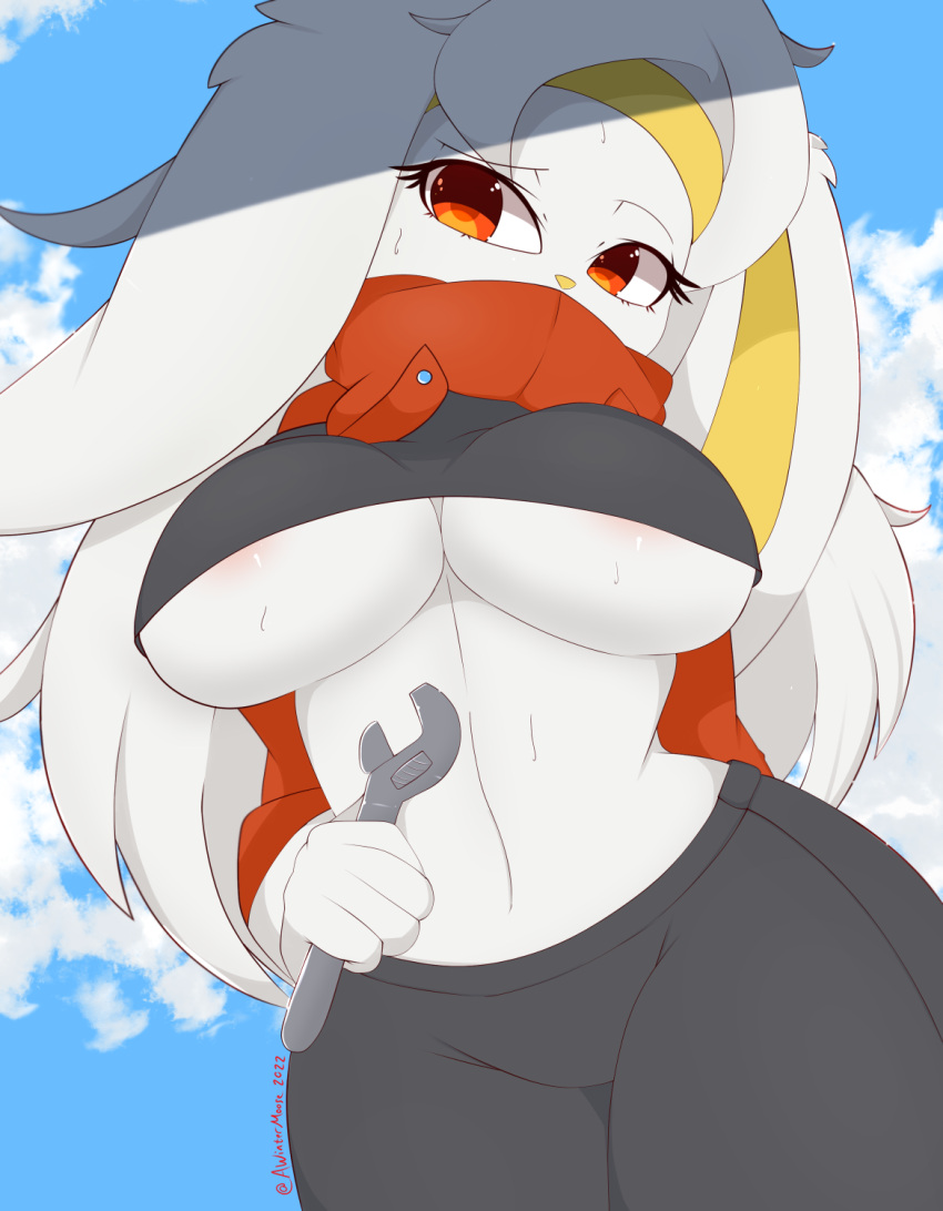 anthro awintermoose big_breasts breasts clothed clothing day female generation_8_pokemon hi_res holding_object looking_at_viewer nintendo pokemon pokemon_(species) pokemorph raboot red_eyes solo thick_thighs under_boob video_games white_body