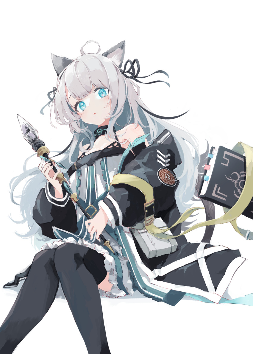 1girl absurdres ahoge animal_ear_fluff animal_ears arknights bangs bare_shoulders black_jacket black_ribbon black_thighhighs blue_eyes book bookmark cat_ears cat_girl dress feet_out_of_frame frilled_dress frills grey_hair hair_ribbon highres holding jacket knees_together_feet_apart long_hair long_sleeves looking_at_viewer mint_(arknights) off_shoulder open_clothes open_jacket parted_lips puffy_long_sleeves puffy_sleeves ribbon sleeveless sleeveless_dress solo spaghetti_strap staff tail thighhighs tokorinowa very_long_hair white_background