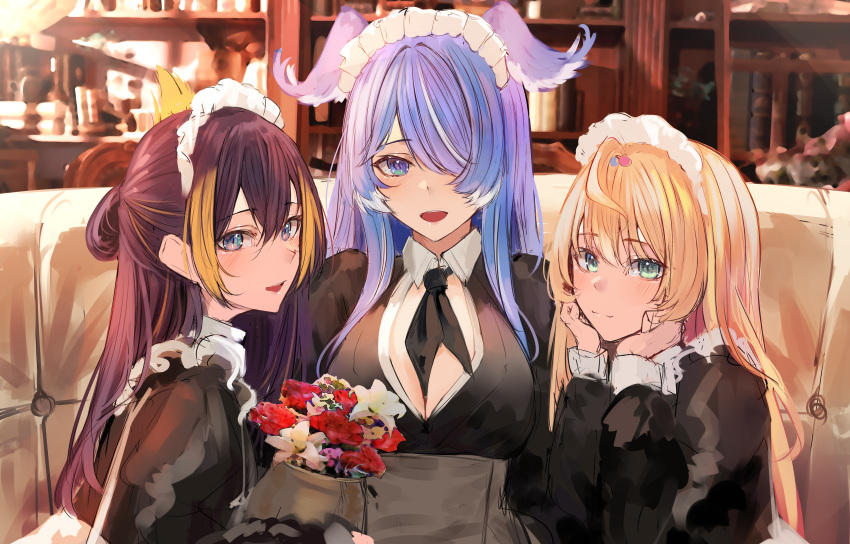 3girls absurdres ahoge alternate_costume apron bangs bell black_dress black_hair black_necktie blonde_hair blue_eyes blue_hair bob_cut breasts cleavage cleavage_cutout closed_mouth clothing_cutout couch dragon_girl dress elira_pendora enmaided green_eyes hair_ornament hair_over_one_eye hairclip head_wings highres jingle_bell large_breasts long_hair looking_at_viewer maid maid_apron maid_headdress millie_parfait multicolored_hair multiple_girls naokomama necktie nijisanji nijisanji_en one_eye_covered open_mouth orange_hair petra_gurin restaurant smile straight_hair virtual_youtuber white_apron x_hair_ornament