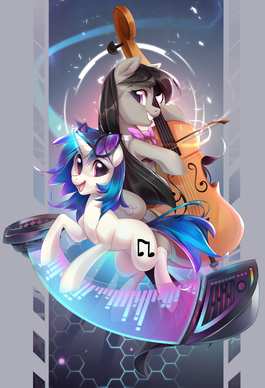 2018 absurd_res black_hair black_tail blue_hair blue_tail bowed_string_instrument cello cutie_mark digital_media_(artwork) duo earth_pony equid equine eyelashes eyewear female feral friendship_is_magic hair hasbro hi_res horn horse makaronder mammal musical_instrument my_little_pony octavia_(mlp) open_mouth open_smile pink_eyes pony smile string_instrument sunglasses unicorn vinyl_scratch_(mlp)