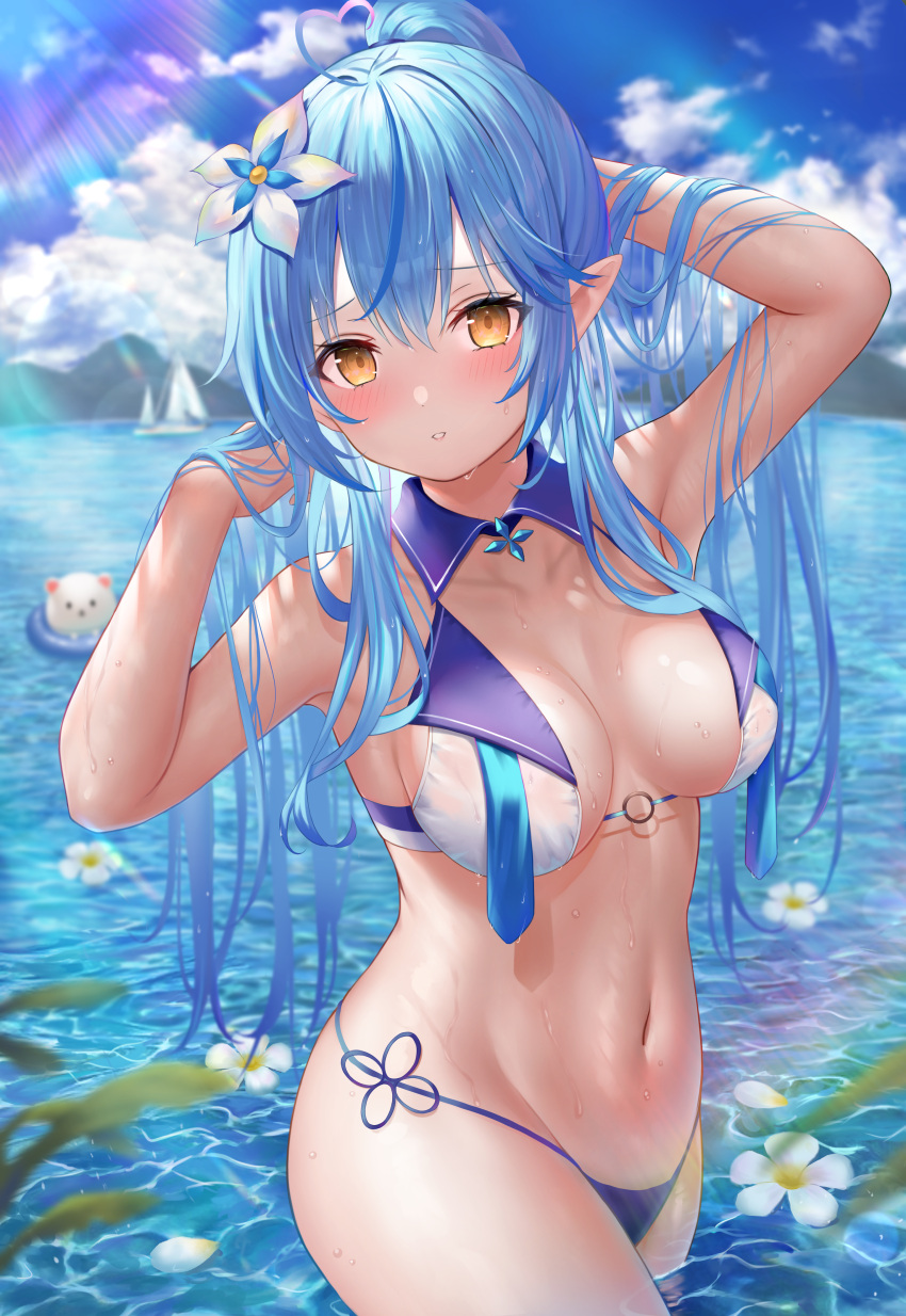 1girl absurdres ahoge armpits arms_up bikini blue_bikini blue_hair blue_sky blush boat breasts daifuku_(yukihana_lamy) day detached_collar ebihurai flower hair_flower hair_ornament heart heart_ahoge highres hololive large_breasts long_hair navel outdoors parted_lips petals petals_on_liquid pointy_ears ponytail raised_eyebrows sky solo_focus stomach sunlight swimsuit virtual_youtuber water watercraft wet wet_hair white_flower yellow_eyes yukihana_lamy