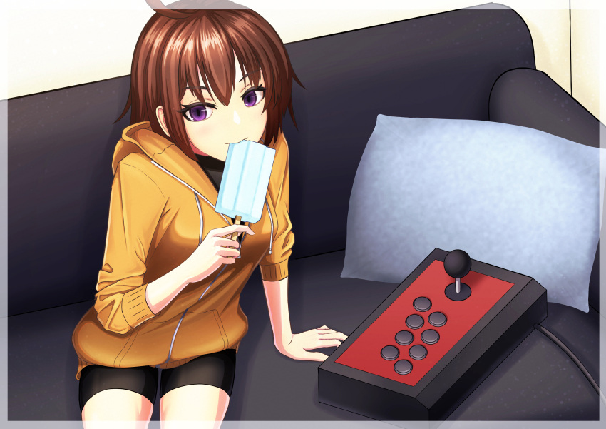 1girl absurdres bangs black_shorts brown_hair controller couch eating food game_controller highres holding holding_food hood hood_down hoodie joystick linne looking_at_viewer on_couch orange_hoodie pillow popsicle purple_eyes rai_inase shorts sitting solo under_night_in-birth