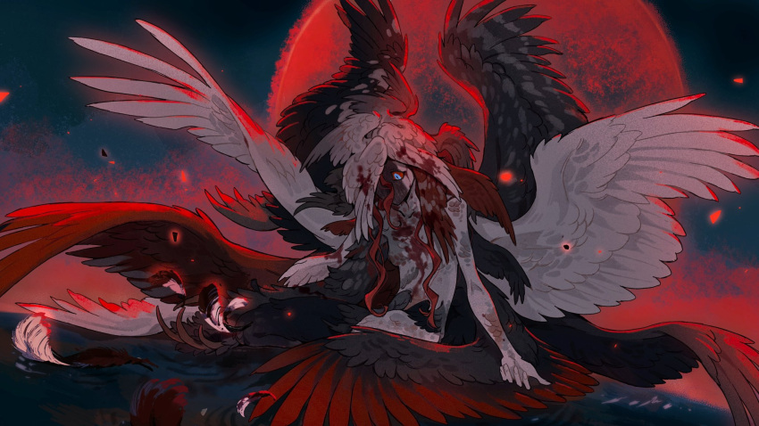 1girl black_background blue_background blue_eyes brown_feathers brown_wings chimera claws colored_sclera colored_skin commentary completely_nude feathered_wings feathers full_body head_wings highres juanmao kneeling long_hair looking_down monster_girl moon multicolored_skin multiple_wings nude one_eye_covered original red_background red_feathers red_hair red_moon red_sclera red_skin red_wings solo symbol-only_commentary water white_feathers white_skin white_wings wings