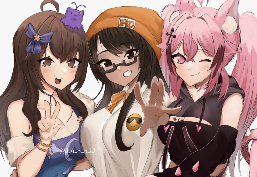 3girls :d ahoge animal_ear_fluff animal_ears bangs beanie black-framed_eyewear black_hair black_hoodie black_sleeves blob blush bow bowtie breasts brooch brown_eyes brown_hair cat_ears centi_(nimu) choker cleavage cleavage_cutout clothing_cutout collar collarbone colored_tips commentary crescent_print cristianghost_(vtuber) cropped_jacket crossed_bangs dannih detached_sleeves drawstring dress emoji freckles grin hair_bow hair_flaps hair_ornament hat heart heart_ahoge highres hood hoodie indie_virtual_youtuber jewelry large_breasts long_hair medium_breasts multicolored_hair multiple_girls nimu_(vtuber) off-shoulder_shirt off_shoulder one_eye_closed open_mouth orange_bow orange_bowtie orange_headwear pinafore_dress pink_collar pink_eyes pink_hair purple_bow purple_dress reaching_out ribbon_choker semi-rimless_eyewear shirt simple_background sleeveless sleeveless_hoodie smile spanish_text spiked_collar spikes star_(symbol) star_brooch star_hair_ornament sunglasses_emoji suwie_(vtuber) swept_bangs translation_request twintails under-rim_eyewear upper_body virtual_youtuber w white_background white_shirt