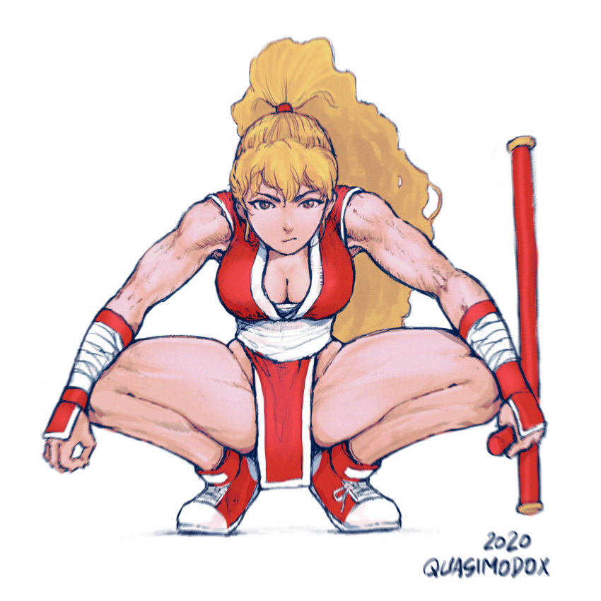 1girl 2020 artist_name bangs blonde_hair breasts brown_eyes capcom_vs_snk_2 cleavage final_fight full_body gauntlets genryuusai_maki highres holding holding_weapon long_hair looking_at_viewer ninja quasimodox red_footwear shoes simple_background sneakers solo spread_legs squatting street_fighter street_fighter_zero_(series) tonfa weapon white_background