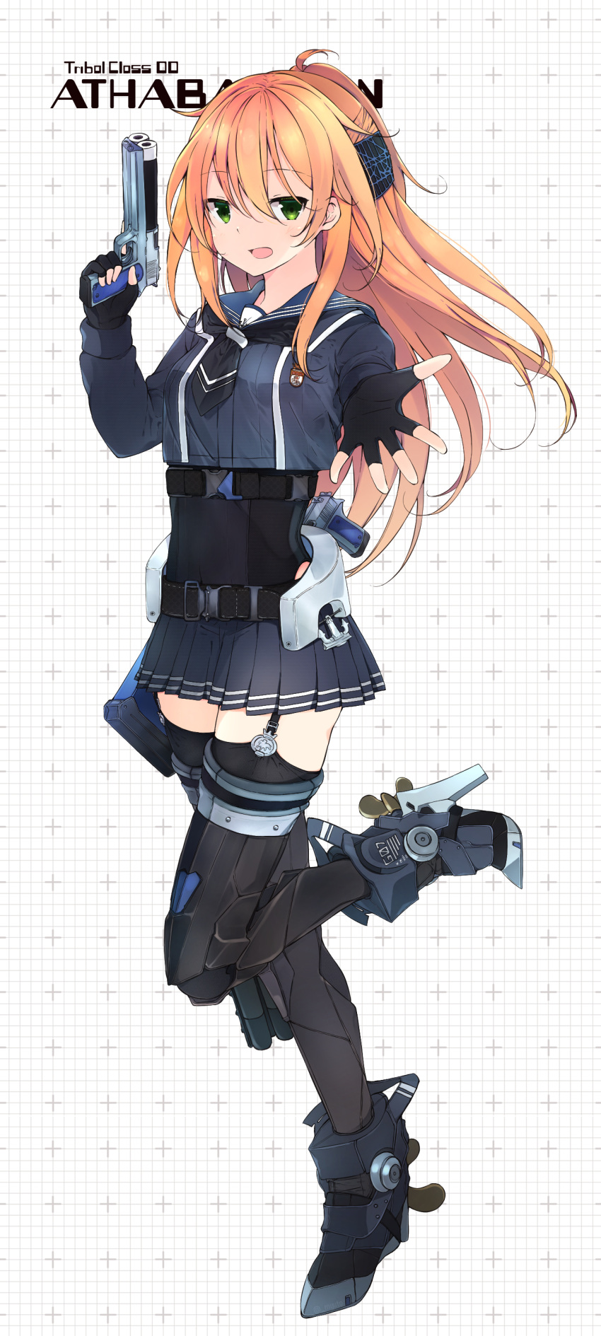 1girl absurdres ankle_boots bangs black_thighhighs boots buttons cardigan collarbone finger_on_trigger fingerless_gloves full_body garter_straps gloves green_eyes gun hair_between_eyes hair_ornament handgun highres hmcs_athabaskan_(g07) holding holding_gun holding_weapon knee_pads leg_up long_hair long_sleeves looking_at_viewer myuto_(advent_retribution) open_mouth orange_hair original outstretched_arm personification ponytail propeller rigging royal_canadian_navy sailor_collar solo steel-toe_boots thighhighs transparent_background weapon