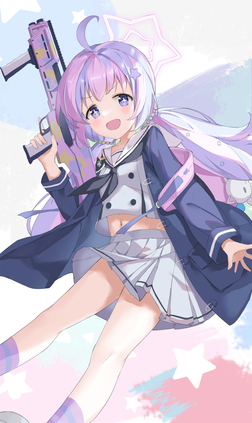 +_+ 1girl ahoge backpack bag bangs blue_archive blue_coat blue_hair blush buttons clothes_lift coat commentary grey_serafuku grey_shirt grey_skirt gun halo highres holding holding_weapon keychain light_blue_hair looking_at_viewer multicolored_background multicolored_hair navel open_mouth pink_bag pink_hair pleated_skirt purple_eyes purple_hair reisa_(blue_archive) school_uniform serafuku serika shirt shirt_lift sidelocks simple_background skirt smile solo standard_manufacturing_dp-12 star_(symbol) weapon wind wind_lift