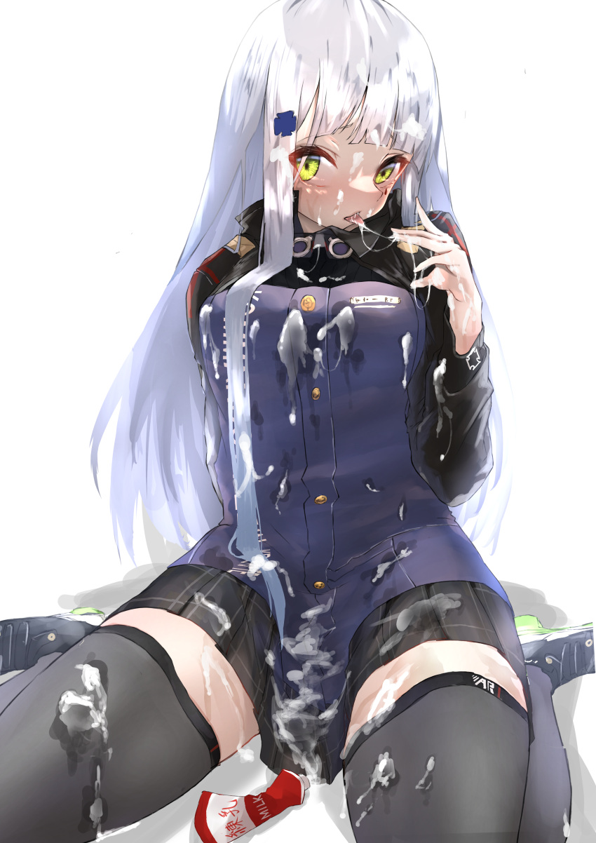 1girl absurdres bangs blunt_bangs condensed_milk cream dripping facial_mark food_on_body girls'_frontline green_eyes highres hk416_(girls'_frontline) long_hair military_jacket open_mouth plaid plaid_skirt saliva saliva_trail sexually_suggestive sitting skirt suggestive_fluid takami_(pixiv66994751) teardrop teardrop_facial_mark teardrop_tattoo thighhighs tongue tongue_out wariza white_hair