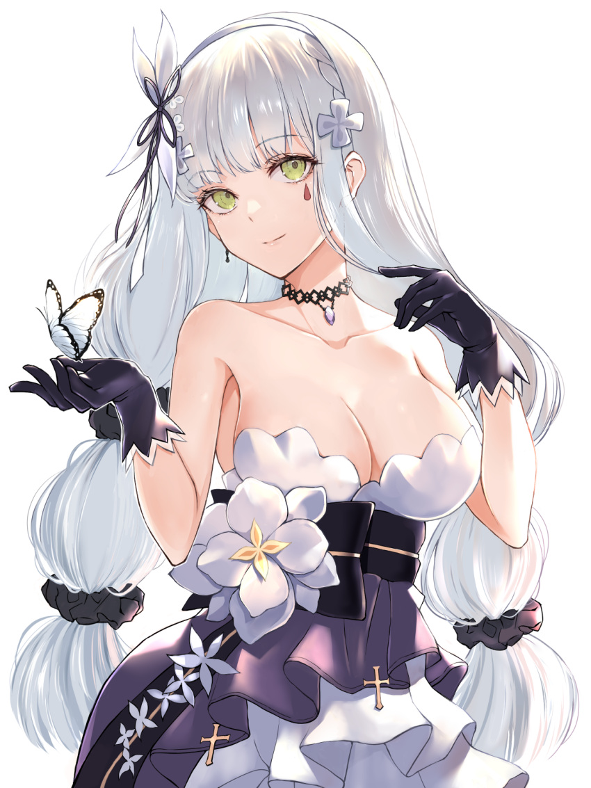 1girl bangs blunt_bangs breasts bug butterfly choker cleavage dress evening_gown facial_mark gem girls'_frontline gloves green_eyes hair_ornament hairband hands_up highres hk416_(girls'_frontline) hk416_(starry_cocoon)_(girls'_frontline) jewelry layered_dress long_hair multi-tied_hair official_alternate_costume purple_dress purple_gemstone strapless strapless_dress teardrop teardrop_facial_mark teardrop_tattoo white_hair white_hairband yu_416416