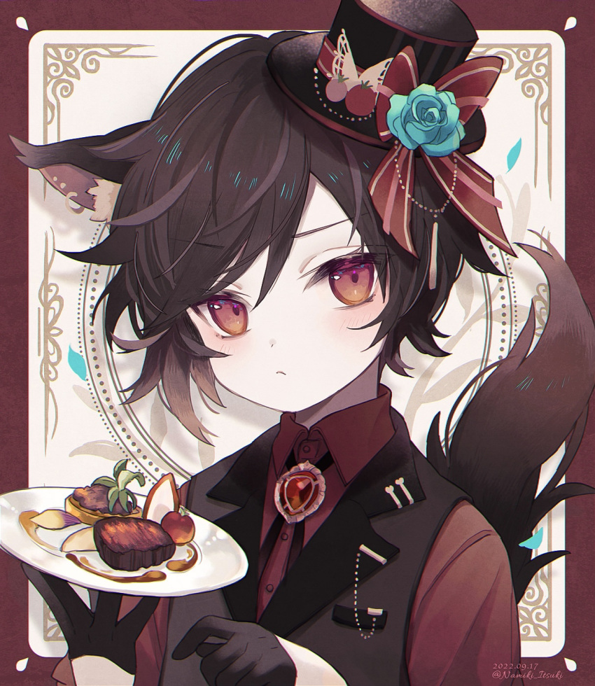 1boy animal_ear_fluff animal_ears bangs beef black_gloves black_hair black_headwear card card_background cat_boy cat_ears cat_tail child commentary formal frown gloves hat highres looking_at_viewer male_child male_focus namiki_itsuki original roast_beef short_hair solo symbol-only_commentary tail