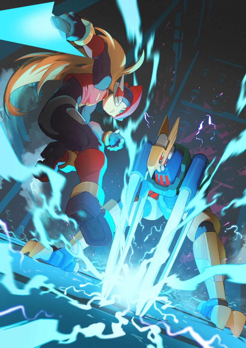 1boy absurdres aztec_falcon_(mega_man) battle blonde_hair electricity helmet highres holding holding_sword holding_weapon jumping long_hair mega_man_(series) mega_man_zero robot sword tanziya_(codlxcold) weapon zero_(mega_man)