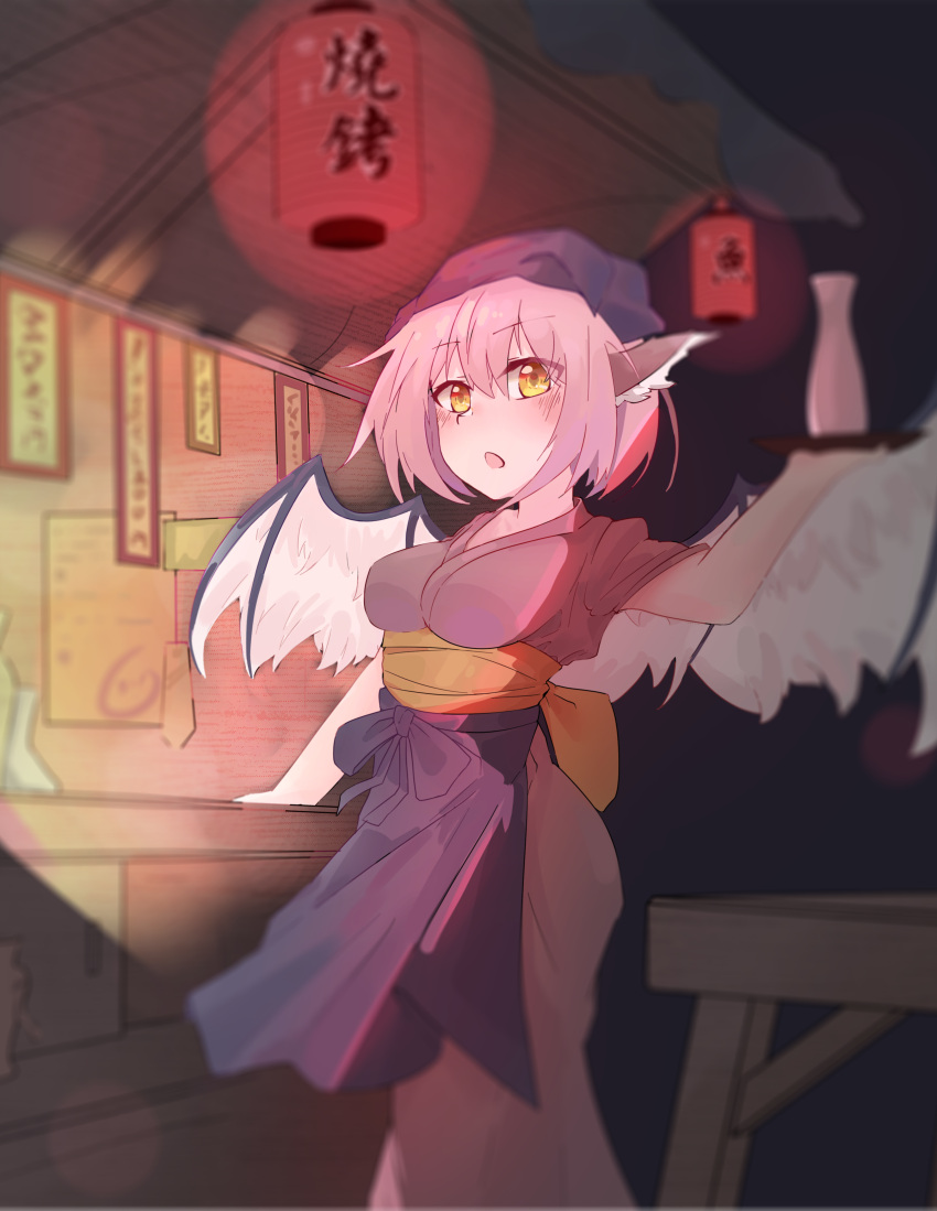 1girl absurdres animal_ears apron bird_ears bird_wings blue_apron blush breasts brown_kimono food_stand hair_between_eyes head_scarf highres holding japanese_clothes kimono lantern medium_breasts mystia_lorelei okamisty open_mouth paper_lantern pink_hair short_hair solo tokkuri touhou touhou_mystia's_izakaya white_wings wings yatai yellow_eyes yige_chizi