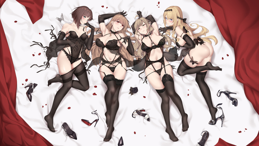 4girls \||/ ahoge arms_up ass bangs bare_arms bare_shoulders black_bra black_flower black_footwear black_gloves black_panties black_pantyhose black_rose black_thighhighs blonde_hair blue_eyes blunt_bangs blush bra breasts breasts_apart brown_hair bug butterfly cameltoe chinese_commentary cleavage closed_mouth collarbone covered_navel criss-cross_halter elbow_gloves feet flower full_body galobox garter_belt garter_straps gloves green_eyes grin hair_ornament halterneck high_heels knee_up lace-trimmed_bra lace-trimmed_legwear lace-trimmed_panties lace_trim large_breasts lingerie long_hair lying medium_breasts missouri_(warship_girls_r) multiple_girls navel new_jersey_(azur_lane) o-ring on_back panties pantyhose pantyhose_removed parted_lips petals platform_footwear platform_heels red_eyes rose see-through shoes shoes_removed short_hair sideboob smile string_bra string_panties thigh_gap thighhighs thighs toes underwear warship_girls_r white_footwear wisconsin_(warship_girls_r)