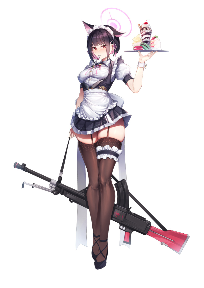 1girl absurdres alternate_costume animal_ears apron black_hair blue_archive bow breasts brown_thighhighs cake cake_slice cat_ears cherry colored_inner_hair dress enmaided food fork fruit full_body garter_straps gun halo high_heels highres holding holding_gun holding_tray holding_weapon ice_cream kazusa_(blue_archive) looking_at_viewer macaron maid maid_apron maid_headdress medium_breasts mouth_hold multicolored_hair mung_(larnec) pink_hair puffy_short_sleeves puffy_sleeves red_eyes rifle short_dress short_hair short_sleeves simple_background skindentation solo strap sundae thighhighs thighs tray wafer_stick waist_bow weapon white_background wrist_cuffs zettai_ryouiki