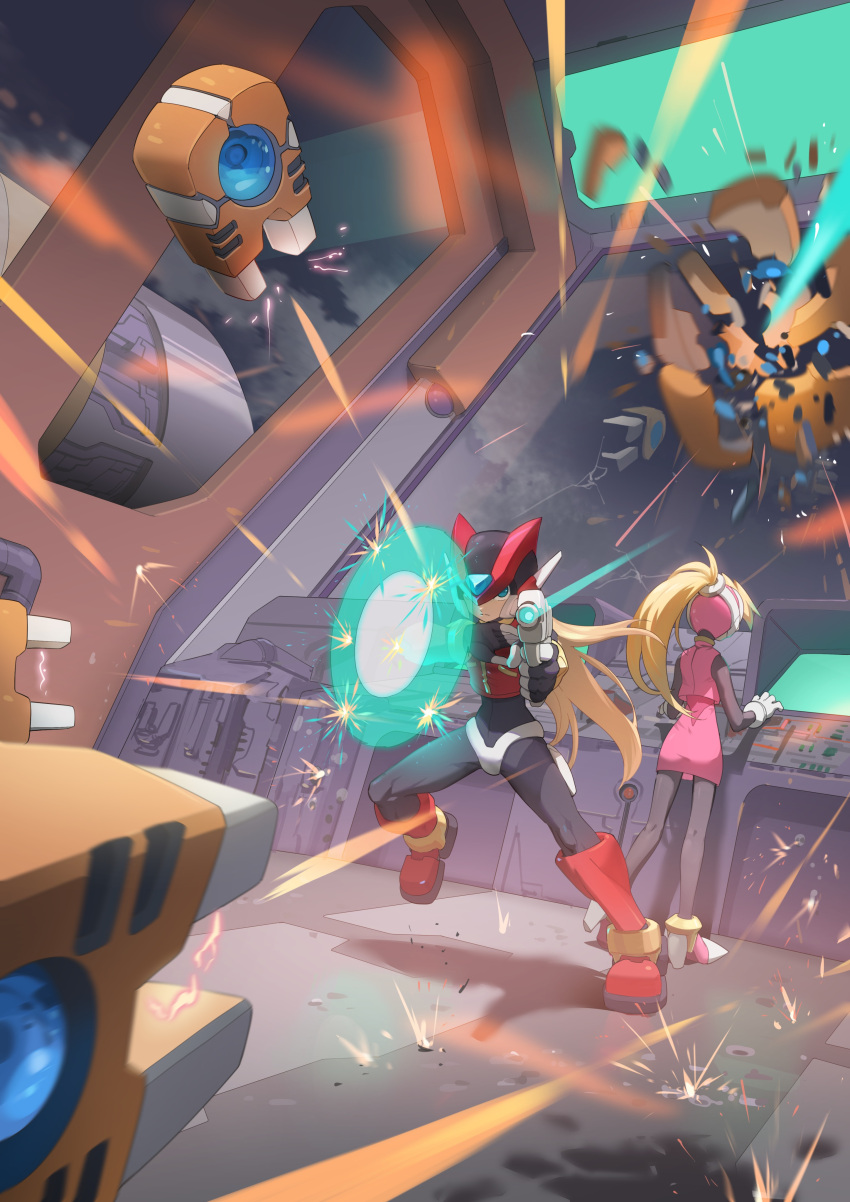 1boy 1girl absurdres aqua_eyes blonde_hair ciel_(mega_man) firing from_behind gun helmet highres holding holding_gun holding_weapon long_hair mega_man_(series) mega_man_zero pointing_gun robot serious shield standing tanziya_(codlxcold) weapon zero_(mega_man)