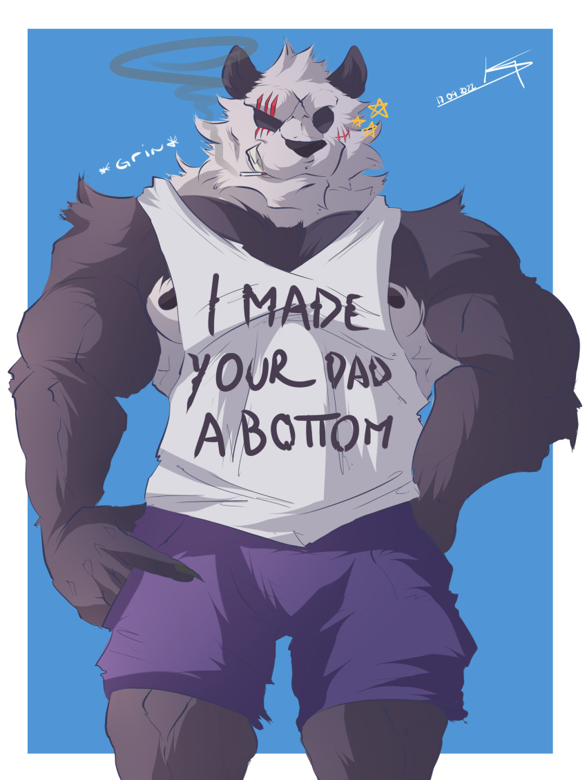 2022 absurd_res anthro barazoku beastars biceps big_muscles black_sclera blue_background border bottomwear cigarette clothed clothing english_text ferskyed front_view fur giant_panda gouhin_(beastars) grin hi_res huge_muscles looking_at_viewer male mammal muscular muscular_anthro muscular_male nipples obliques pecs scar shirt shorts signature simple_background smile smoke smoking solo star tank_top teeth text text_on_clothing text_on_shirt text_on_tank_top text_on_topwear topwear tuft ursid white_border