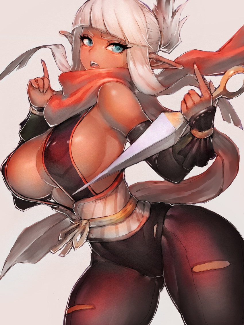 1girl bare_shoulders black_pantyhose blue_eyes bodystocking breasts cowboy_shot curvy dark-skinned_female dark_elf dark_skin dungeon_and_fighter elbow_gloves elf fumio_(rsqkr) gloves highres index_fingers_raised kunai kunoichi_(dungeon_and_fighter) large_breasts ninja open_mouth pantyhose pointy_ears ponytail reverse_grip scarf sideboob sidelocks thick_thighs thief_(dungeon_and_fighter) thighs weapon white_background