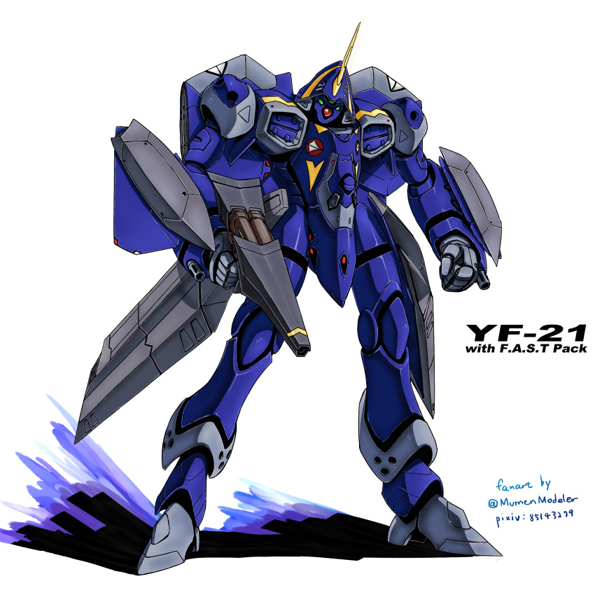 1990s_(style) arm_cannon character_name clenched_hand clip_studio_paint_(medium) english_commentary english_text engrish_commentary gunpod highres macross macross_plus marker_(medium) mecha mumen_(mumenmodeler) no_humans official_style prototype retro_artstyle robot roundel science_fiction shadow shield sketch traditional_media u.n._spacy variable_fighter weapon yf-21
