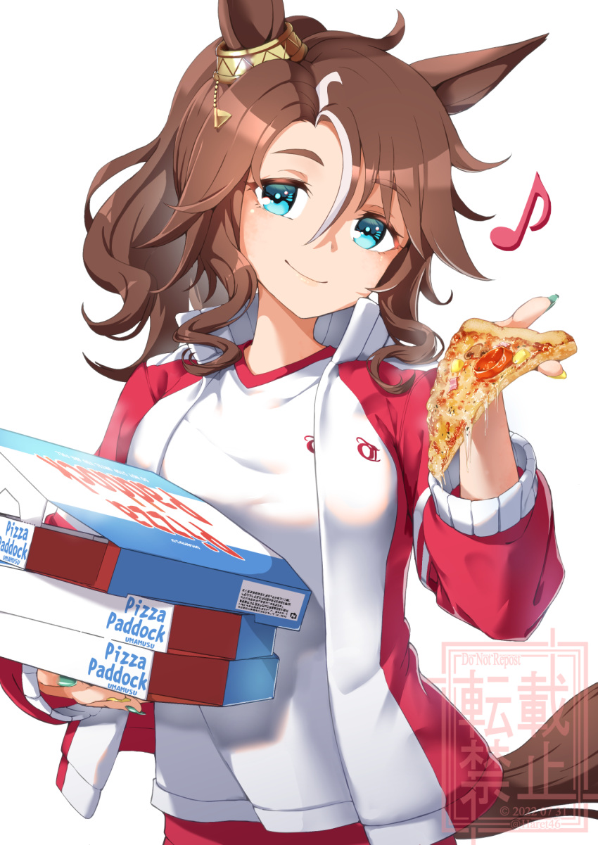 1girl animal_ears aqua_eyes box brown_hair closed_mouth ear_ornament food highres holding holding_box holding_food holding_pizza horse_ears horse_girl horse_tail jacket kagami_(haret46) looking_at_viewer medium_hair mejiro_palmer_(umamusume) multicolored_hair nail_polish open_clothes open_jacket pizza pizza_box smile solo streaked_hair tail tracen_training_uniform track_jacket umamusume