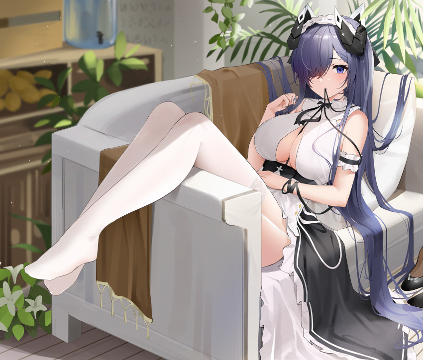 1girl apron arm_garter august_von_parseval_(azur_lane) august_von_parseval_(the_conquered_unhulde)_(azur_lane) azur_lane blush breasts cleavage cleavage_cutout clothing_cutout couch day dragon_girl dragon_horns dress frilled_dress frilled_garter frills full_body garter_straps hair_over_one_eye hairband highres horns indoors lace-trimmed_legwear lace_trim large_breasts legs long_hair looking_at_viewer maid maid_apron maid_headdress mouth_hold no_shoes official_alternate_costume plant purple_eyes purple_hair qing_wu ribbon ribbon_in_mouth sitting sleeveless sleeveless_dress solo thighhighs very_long_hair white_dress white_garter white_hairband white_thighhighs