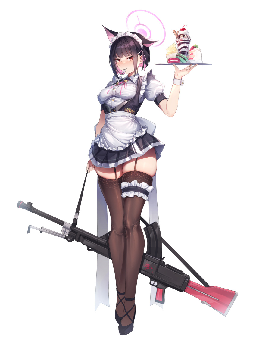 1girl absurdres alternate_costume animal_ears apron black_hair blue_archive bow breasts brown_thighhighs cake cake_slice cat_ears cherry colored_inner_hair dress enmaided food fork fruit full_body garter_straps gun halo high_heels highres holding holding_gun holding_tray holding_weapon ice_cream kazusa_(blue_archive) looking_at_viewer macaron maid maid_apron maid_headdress medium_breasts mouth_hold multicolored_hair mung_(larnec) pink_hair puffy_short_sleeves puffy_sleeves red_eyes revision rifle short_dress short_hair short_sleeves simple_background skindentation solo strap sundae thighhighs thighs tray wafer_stick waist_bow weapon white_background wrist_cuffs zettai_ryouiki