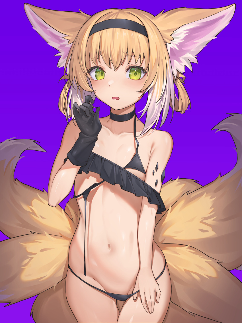 1girl absurdres animal_ear_fluff animal_ears arknights bare_shoulders bikini bikini_pull black_choker black_gloves black_hairband blonde_hair blush choker clothes_pull collarbone convenient_censoring cowboy_shot flat_chest fox_ears fox_girl fox_tail gloves green_eyes gus1999 hair_rings hairband hand_up highres large_ears looking_at_viewer multiple_tails navel open_mouth oripathy_lesion_(arknights) pulled_by_self purple_background short_hair simple_background single_glove solo stomach suzuran_(arknights) swimsuit tail thigh_gap two_side_up untied untied_bikini white_hair