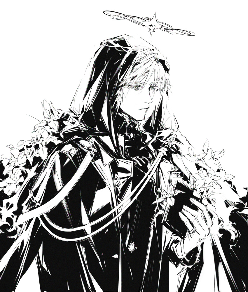 1boy absurdres arknights bishounen book character_request chuzenji flower formal gloves halo highres hood hoodie jewelry male_focus monochrome ring short_hair simple_background solo suit upper_body white_background white_gloves