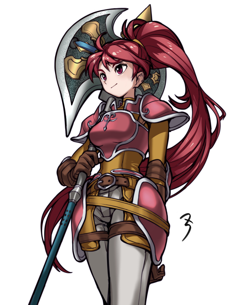 1girl absurdres armor belt breastplate brown_gloves elbow_gloves fire_emblem fire_emblem:_path_of_radiance fire_emblem:_radiant_dawn floating_hair gloves high_ponytail highres jill_(fire_emblem) long_hair pants pauldrons red_eyes red_hair sbql_(niaunclefan) shoulder_armor simple_background solo very_long_hair white_background white_pants