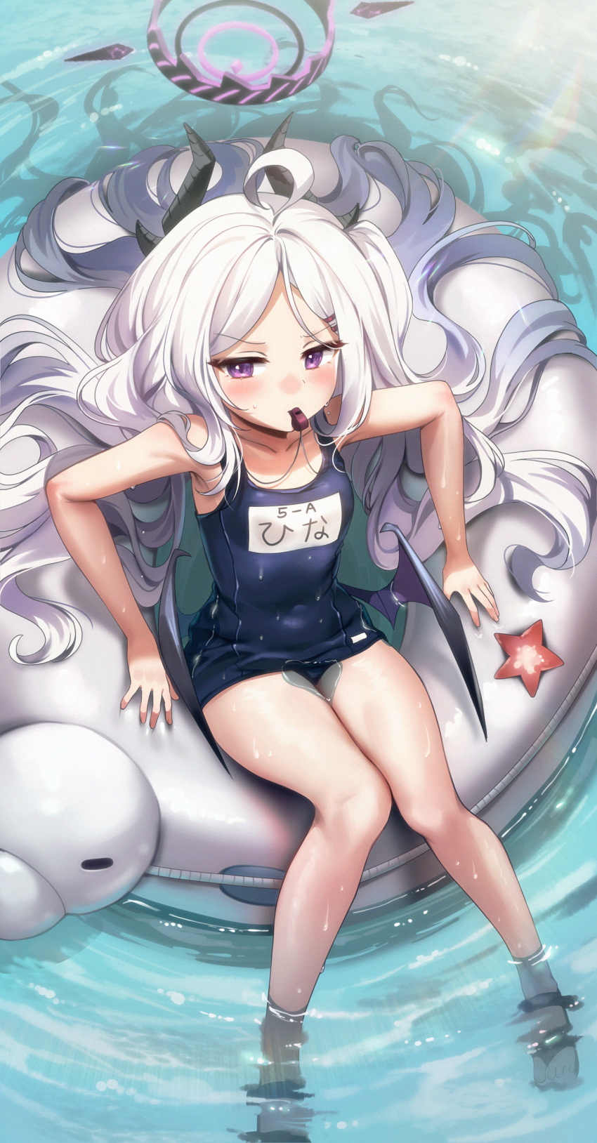 1girl absurdres bangs bare_legs blue_archive blue_one-piece_swimsuit blush gijang hair_ornament hairclip halo highres hina_(blue_archive) hina_(swimsuit)_(blue_archive) innertube long_hair low_wings mouth_hold parted_bangs purple_eyes sitting soaking_feet solo swimsuit very_long_hair water whistle whistle_around_neck white_hair wings
