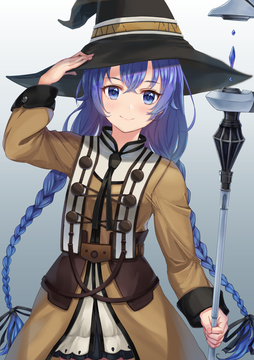 1girl agmt bangs black_ribbon blue_eyes blue_hair braid brown_cape cape cowboy_shot crossed_bangs dress hair_between_eyes hair_ribbon hat highres holding holding_staff long_braid long_hair mushoku_tensei ribbon roxy_migurdia smile solo staff twin_braids white_dress witch_hat