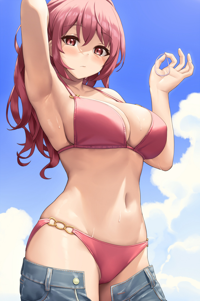 1girl absurdres arm_behind_head arm_up armpits bangs bare_shoulders bikini blue_sky blush breasts cleavage collarbone highres large_breasts long_hair looking_at_viewer navel pink_bikini pink_eyes pink_hair sawada_yuusuke sky solo swimsuit