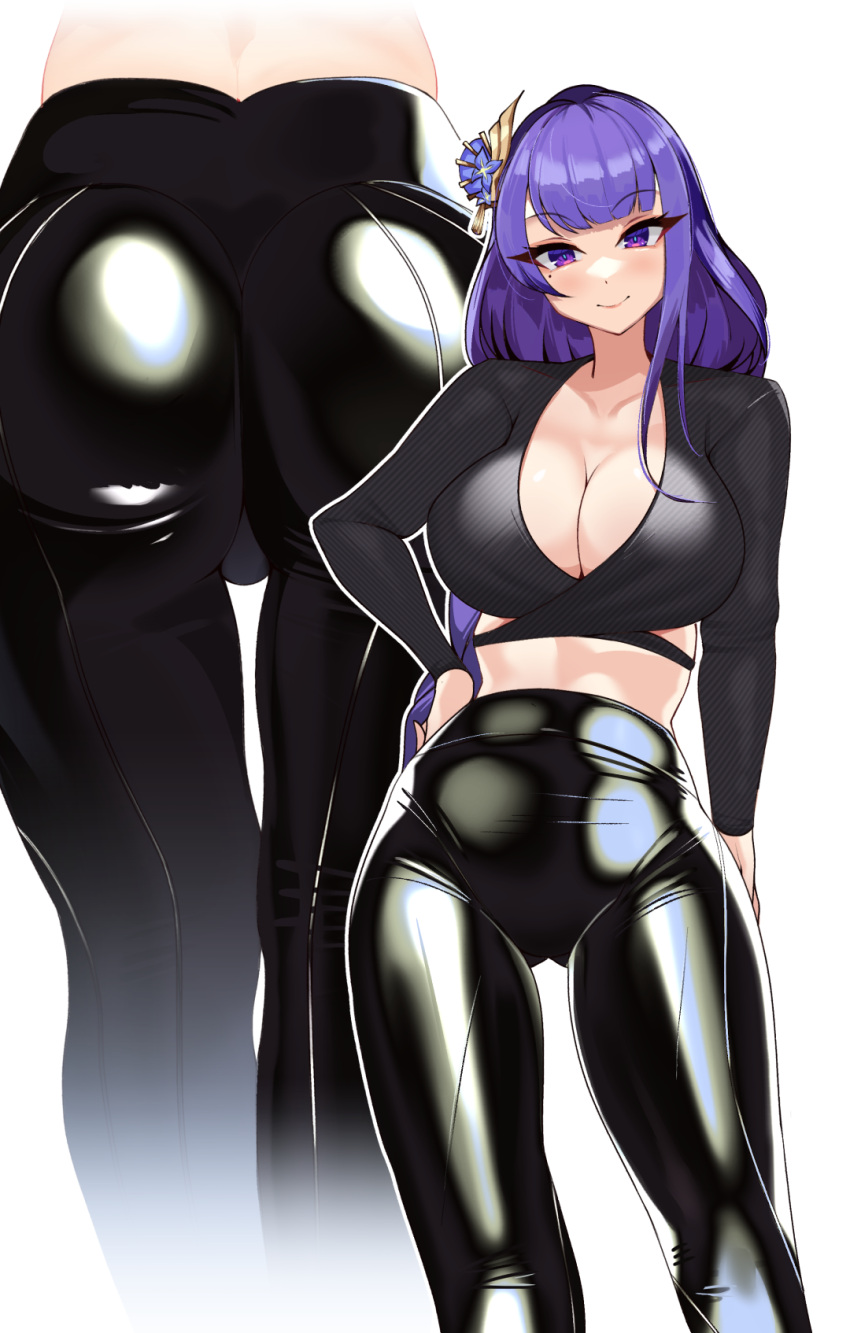 1girl alternate_costume ass ass_visible_through_thighs bangs black_pants black_shirt blush braid breasts cleavage closed_mouth collarbone crop_top flower genshin_impact hair_flower hair_ornament hand_on_hip highres large_breasts latex_pants long_hair long_sleeves looking_at_viewer midriff mole mole_under_eye multiple_views pants purple_eyes purple_flower purple_hair raiden_shogun shirt simple_background single_braid skindentation smile tight tight_pants very_long_hair volyz white_background