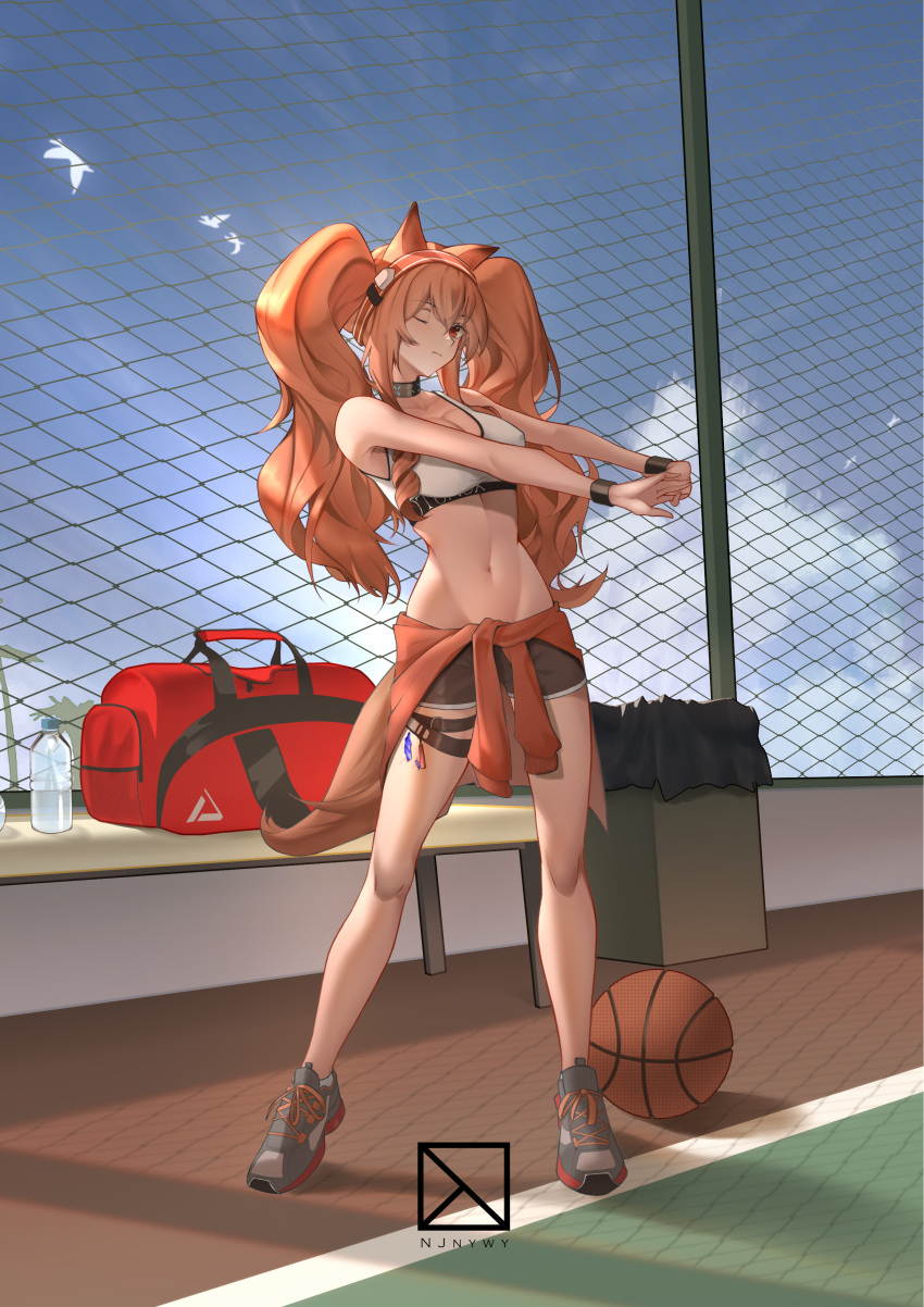 1girl absurdres angelina_(arknights) animal_ears arknights bag bare_legs bare_shoulders basketball black_footwear black_shorts blue_sky bottle breasts brown_hair cleavage closed_mouth clothes_around_waist day duffel_bag fox_ears fox_girl fox_tail full_body hairband highres jacket jacket_around_waist large_breasts long_hair looking_at_viewer navel njnywy official_alternate_costume one_eye_closed outdoors red_eyes red_hairband shoes shorts sky sneakers solo sports_bra standing stomach stretching sweatband tail thigh_strap toned trash_can twintails very_long_hair water_bottle
