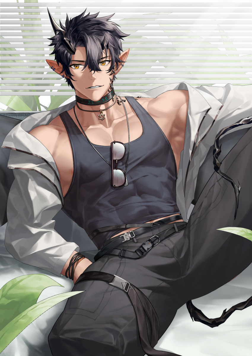 1boy absurdres arknights bangs black_collar black_hair black_tank_top collar covered_abs demon_boy demon_horns demon_tail earrings feet_out_of_frame flamebringer_(arknights) hair_between_eyes highres horns jacket jacket_partially_removed jewelry male_focus midriff_peek multiple_earrings muscular muscular_male nanyu1998 nipple_slip nipples paid_reward_available pectoral_cleavage pectorals pointy_ears short_hair sidepec sitting solo spread_legs tail tank_top toned toned_male