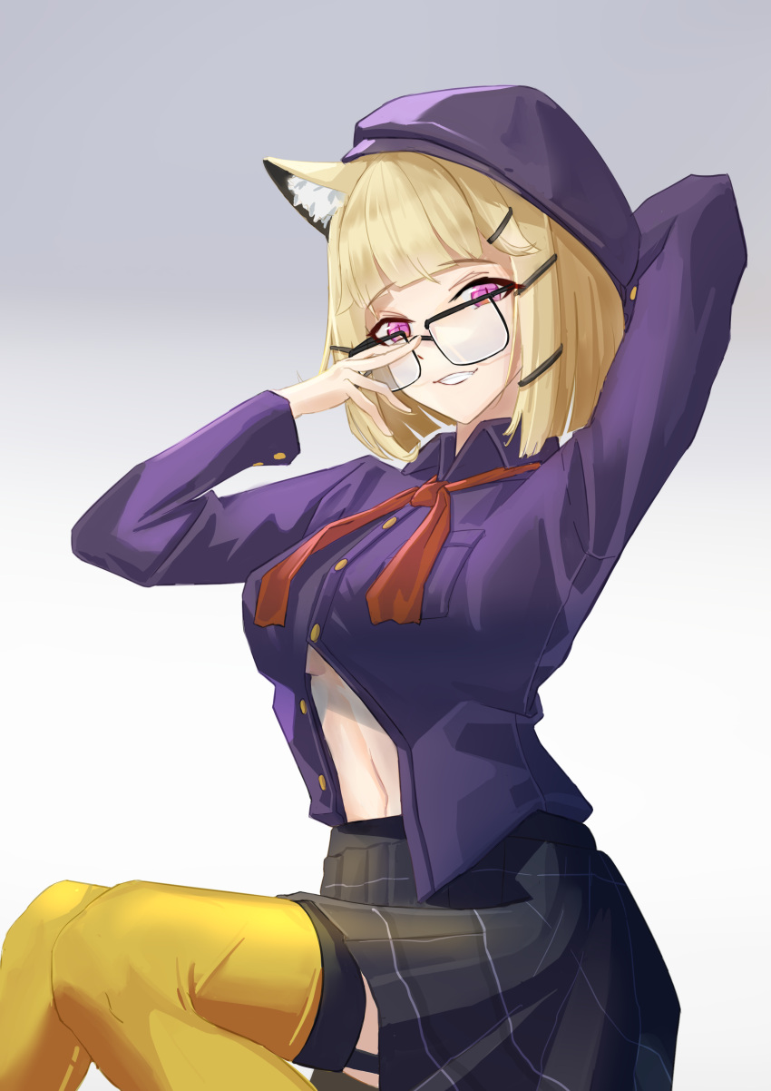 1girl :d absurdres animal_ear_fluff animal_ears arknights arm_behind_head arms_up bangs black_skirt blonde_hair blunt_bangs breasts collared_shirt feet_out_of_frame garter_straps gradient gradient_background grey_background grin hat highres large_breasts long_sleeves looking_at_viewer navel neck_ribbon no_bra official_alternate_costume open_clothes open_shirt parted_lips partially_unbuttoned plaid plaid_skirt purple_eyes purple_headwear purple_shirt qujiunai red_ribbon ribbon shirt short_hair skirt smile solo thighhighs unbuttoned unbuttoned_shirt underboob utage_(arknights) utage_(disguise)_(arknights) yellow_thighhighs