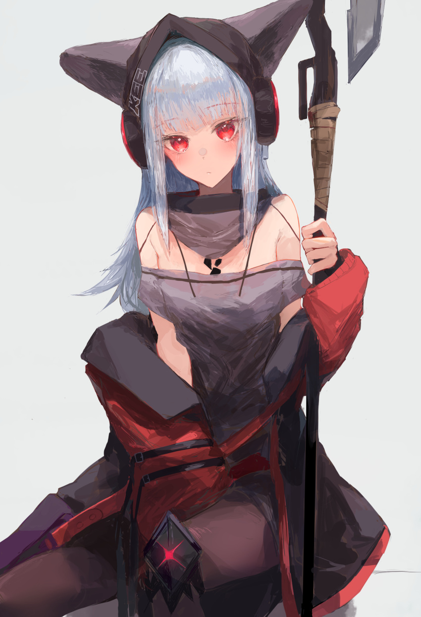 1girl absurdres animal_ears arknights bangs bare_shoulders behind-the-head_headphones between_legs black_headwear blunt_bangs brown_pantyhose closed_mouth feet_out_of_frame fox_ears frostleaf_(arknights) grey_hair grey_scarf grey_shirt hand_between_legs headphones highres holding holding_weapon ichika_(ichika87) implied_extra_ears jacket knee_pads long_hair long_sleeves looking_at_viewer off-shoulder_shirt off_shoulder open_clothes open_jacket oripathy_lesion_(arknights) pantyhose red_eyes red_jacket scarf shirt simple_background sitting solo weapon white_background