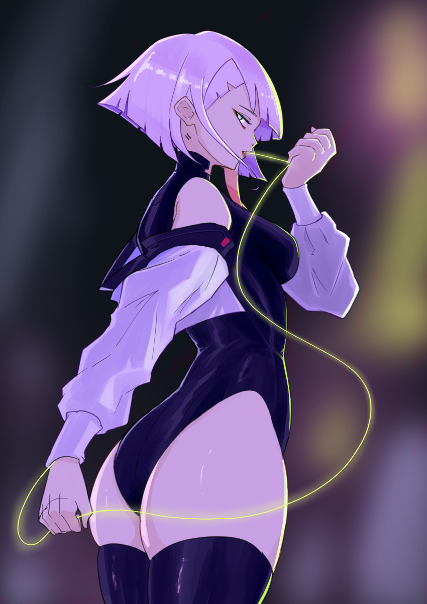 absurdres ass bangs bare_shoulders blurry blurry_background bodysuit buttofuchan cyberpunk cyberpunk_(series) cyberpunk_edgerunners highres jacket lucy_(cyberpunk_edgerunners) monowire multicolored_hair pale_skin thighhighs upper_body